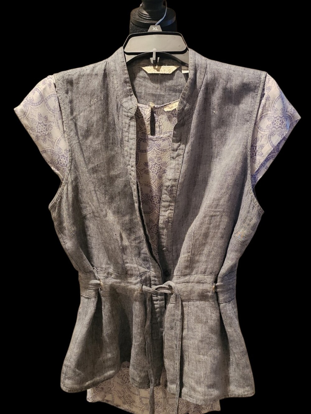 2 For 1😊!! Lightweight Linen-Blend Tie-Waist Vest & Patterned Sleeve Blouse